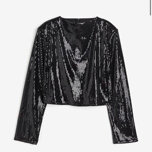 H&M Black Elegant Sequin Long Sleeve Crop Top Size M Party Top